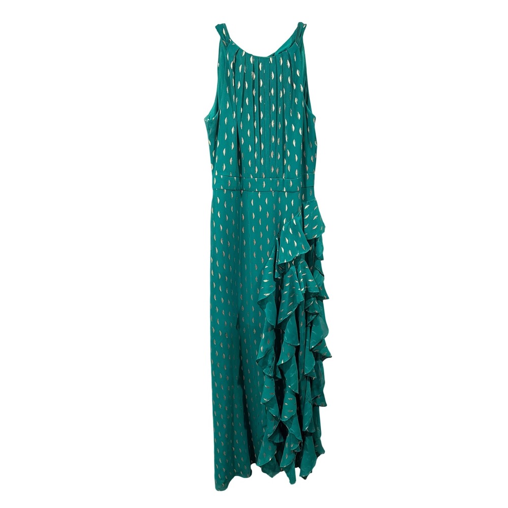 Betsy & Adam Gown Teal Gold Foil Leaf Halter Ruffle Maxi Dress A22681 Size 10
